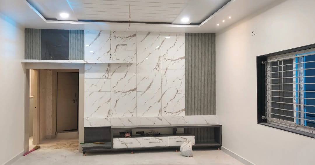 Marble finish TV unit with wall panelling
